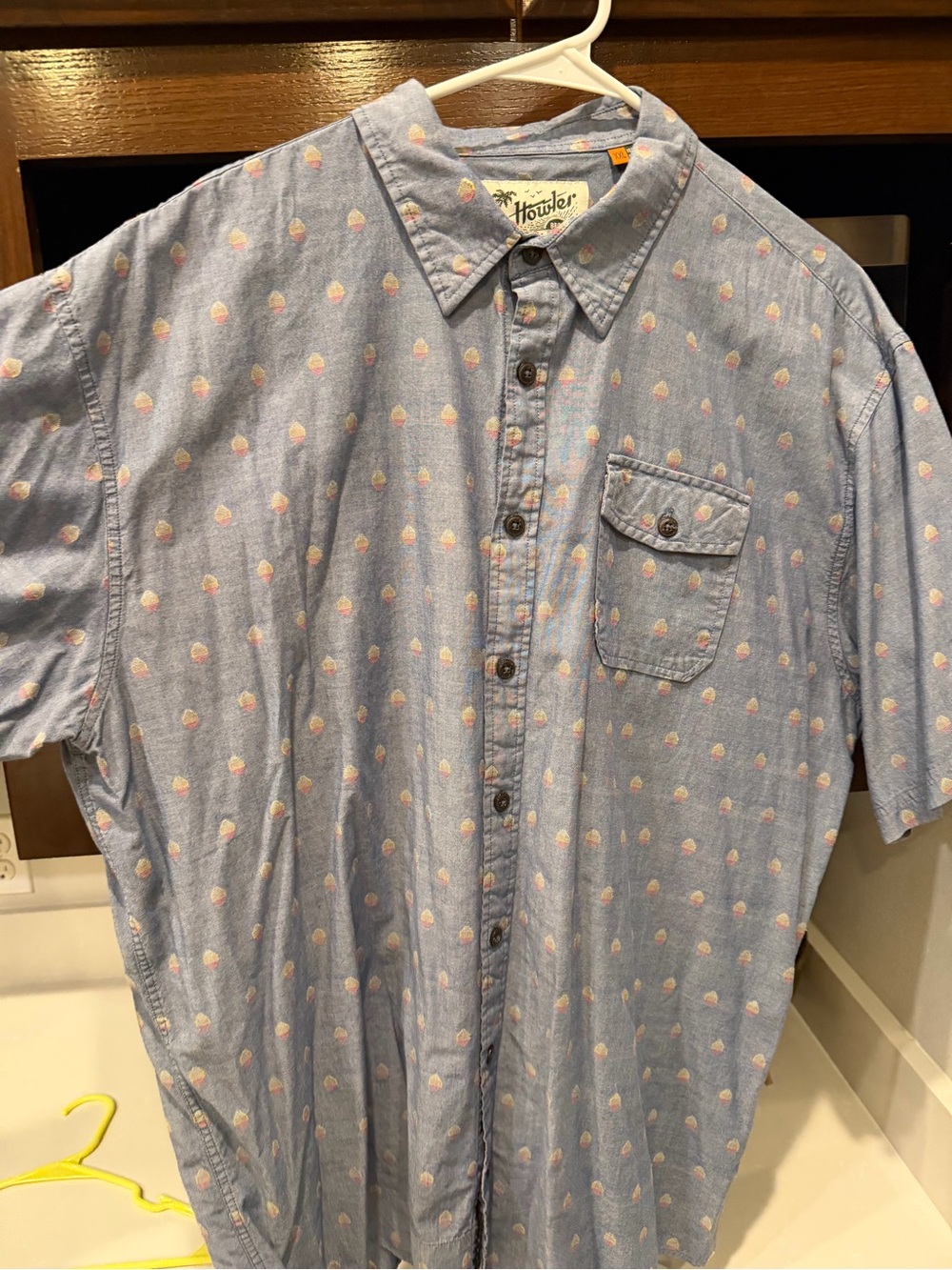 Howler Brothers Light Blue Short-Sleeve Button-Down with Pink Dot Motif